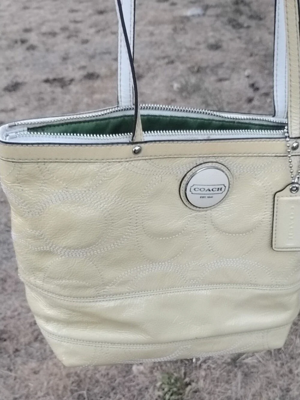 COACH Pale Yellow Leather Tote with Signature Medallion - Picture 6 of 6